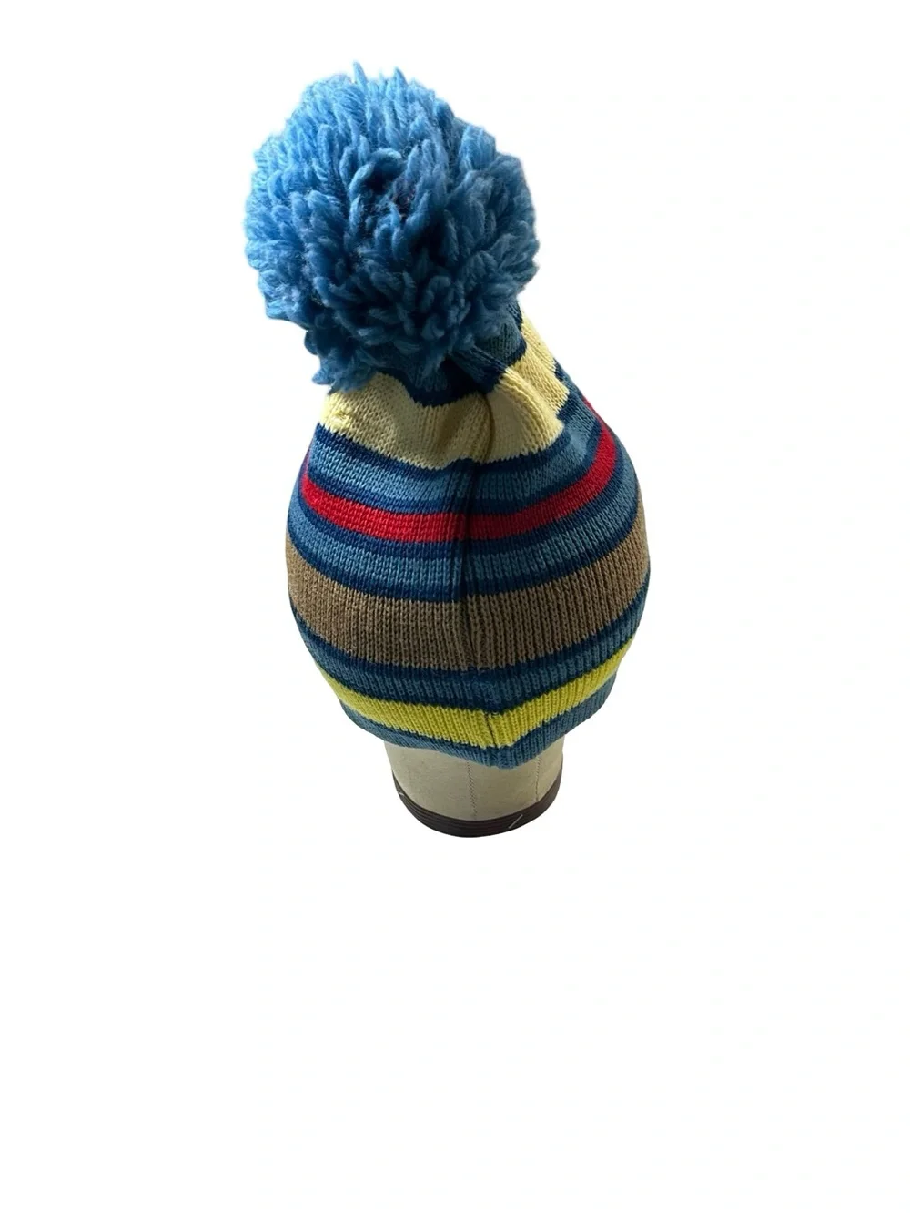 Vtg Smiley Parks Nevada 100% Wool Knit Pom Beanie Hat Blue Striped Ski 1 Size